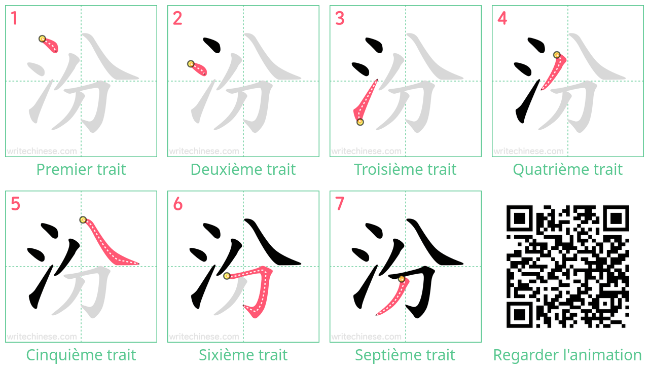 Diagrammes d'ordre des traits étape par étape pour le caractère 汾