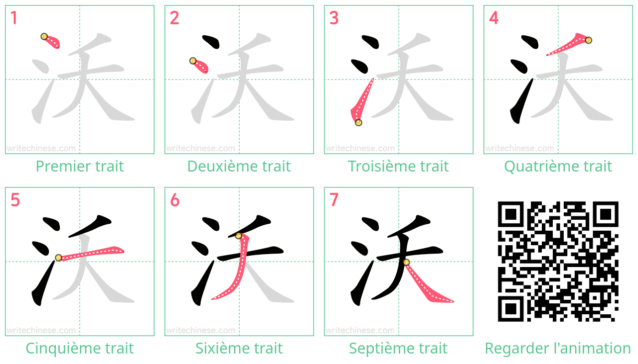Diagrammes d'ordre des traits étape par étape pour le caractère 沃