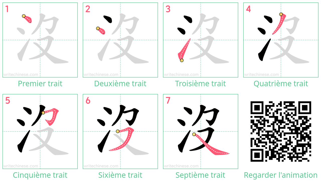 Diagrammes d'ordre des traits étape par étape pour le caractère 沒