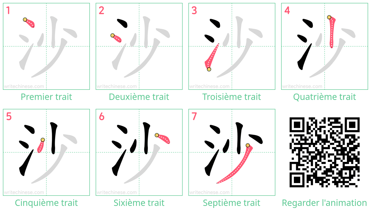 Diagrammes d'ordre des traits étape par étape pour le caractère 沙