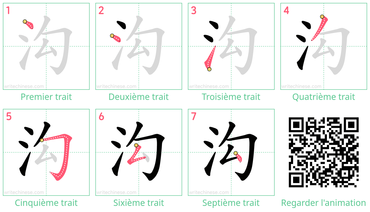 Diagrammes d'ordre des traits étape par étape pour le caractère 沟