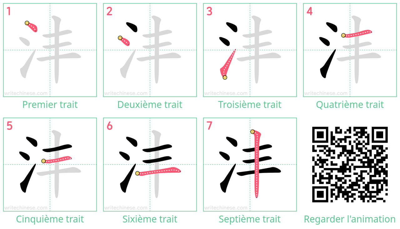 Diagrammes d'ordre des traits étape par étape pour le caractère 沣