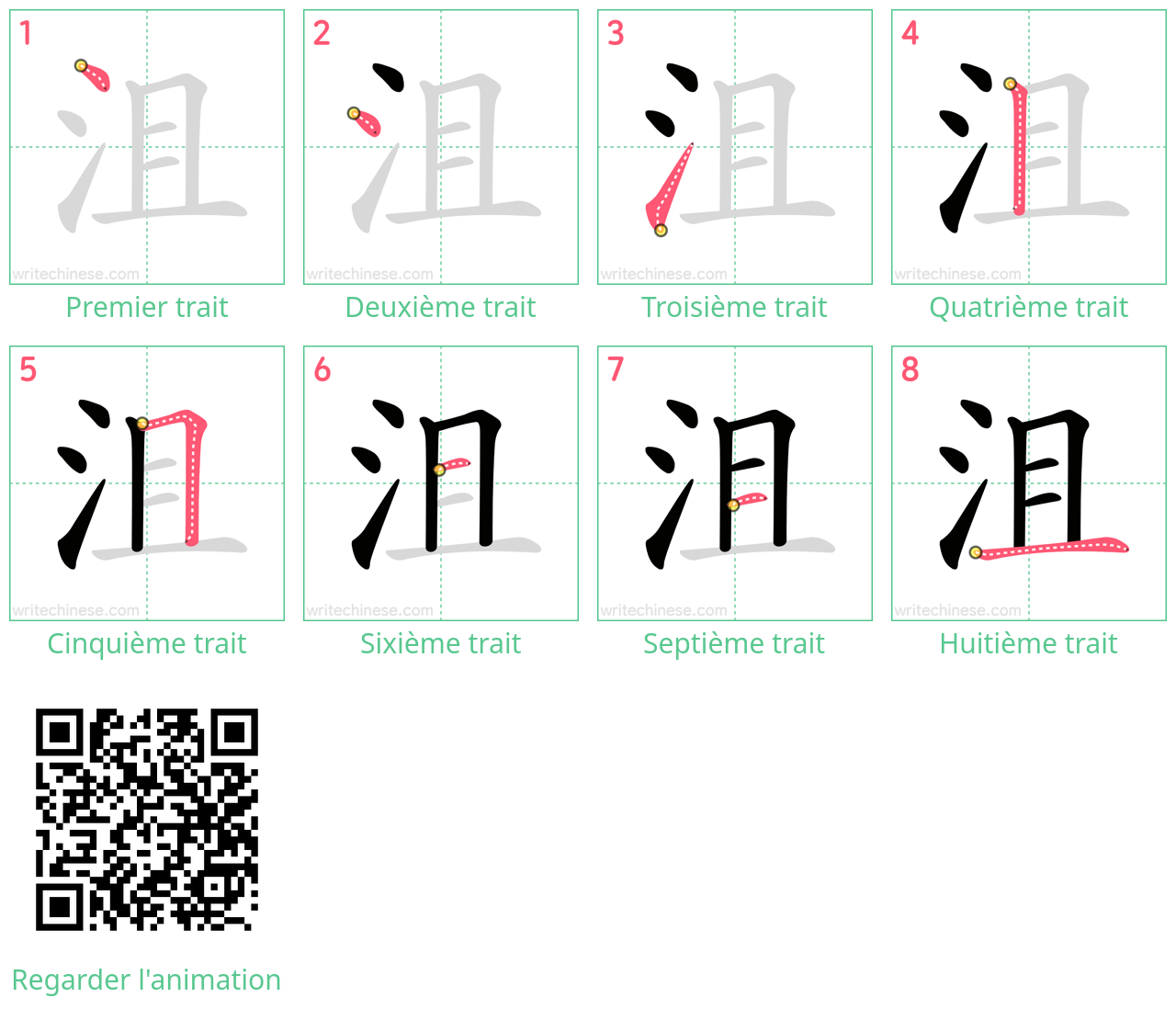 Diagrammes d'ordre des traits étape par étape pour le caractère 沮