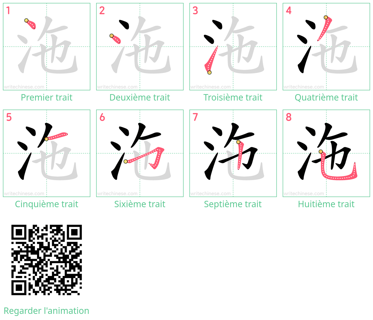 Diagrammes d'ordre des traits étape par étape pour le caractère 沲