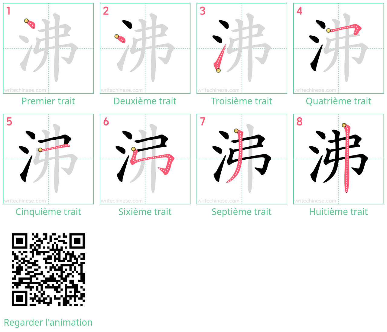 Diagrammes d'ordre des traits étape par étape pour le caractère 沸