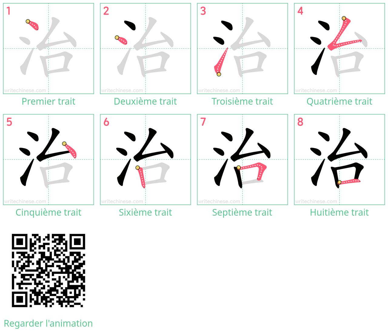 Diagrammes d'ordre des traits étape par étape pour le caractère 治