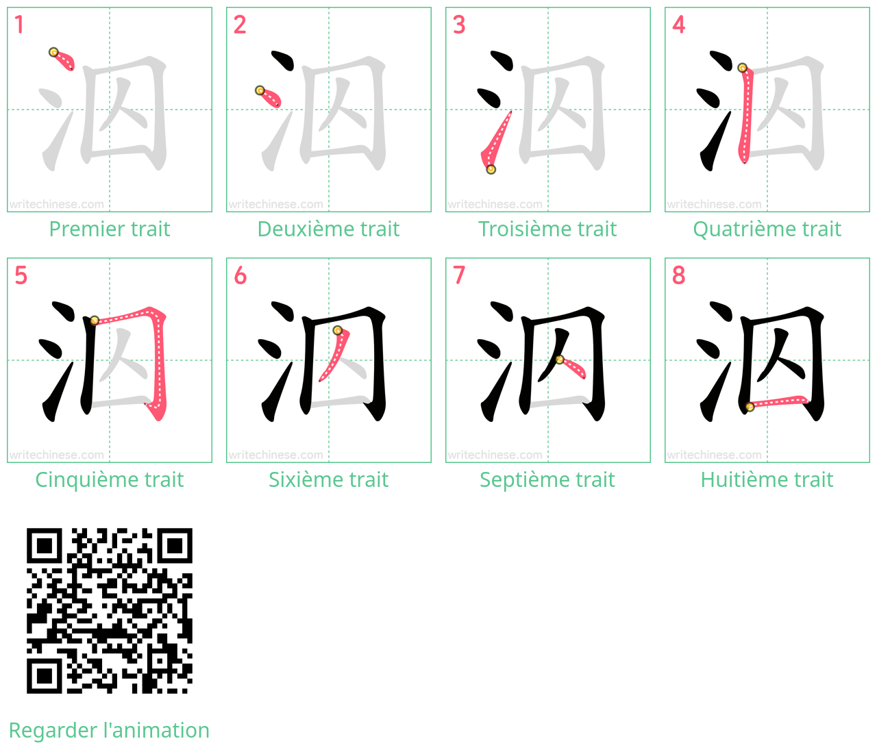 Diagrammes d'ordre des traits étape par étape pour le caractère 泅