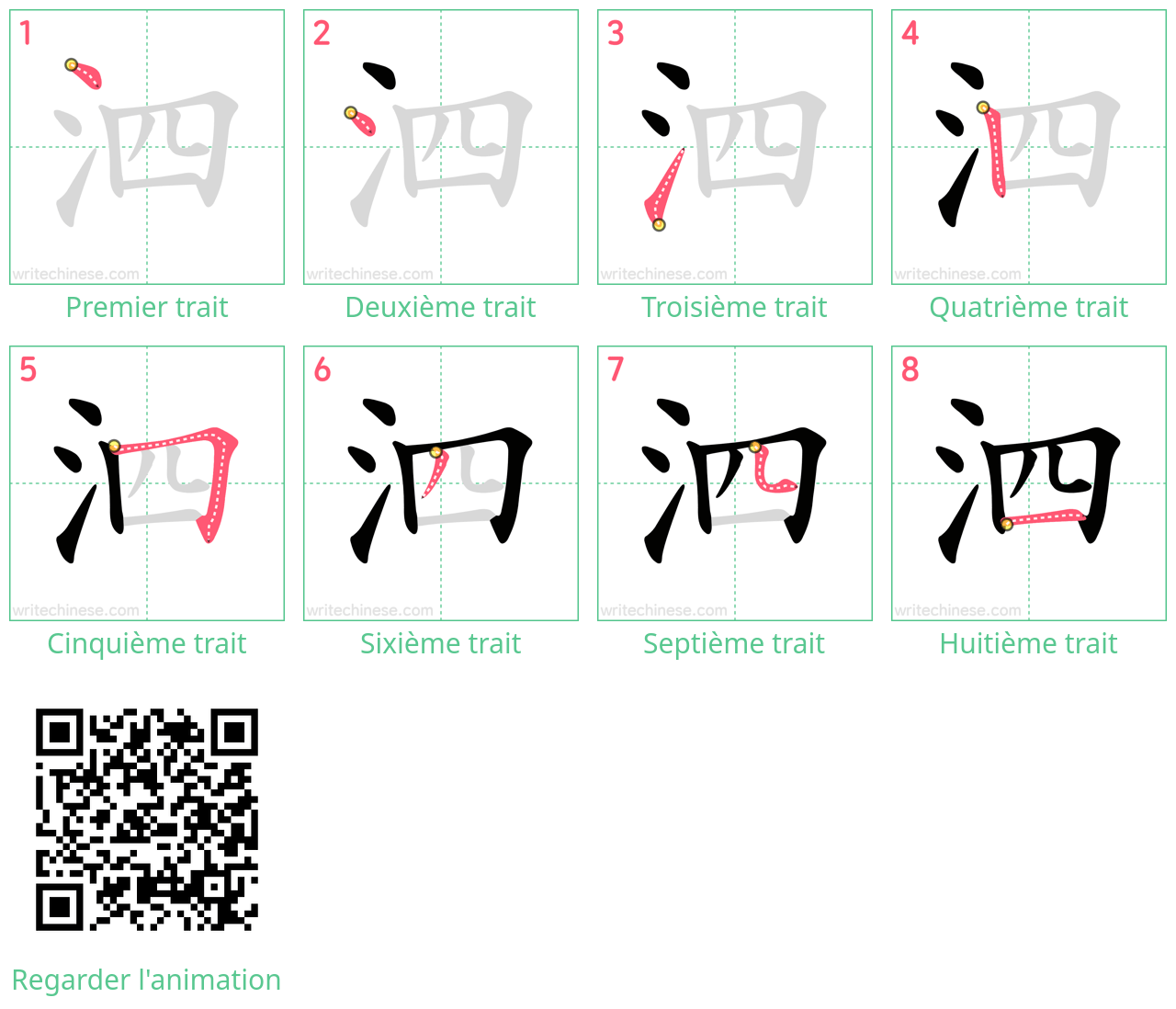 Diagrammes d'ordre des traits étape par étape pour le caractère 泗