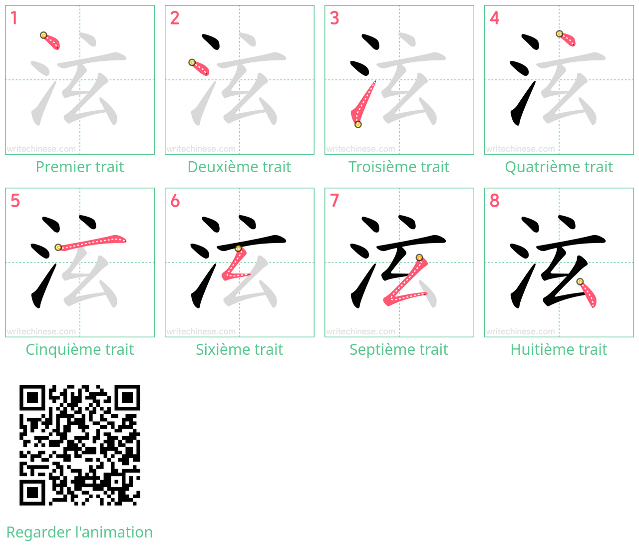 Diagrammes d'ordre des traits étape par étape pour le caractère 泫