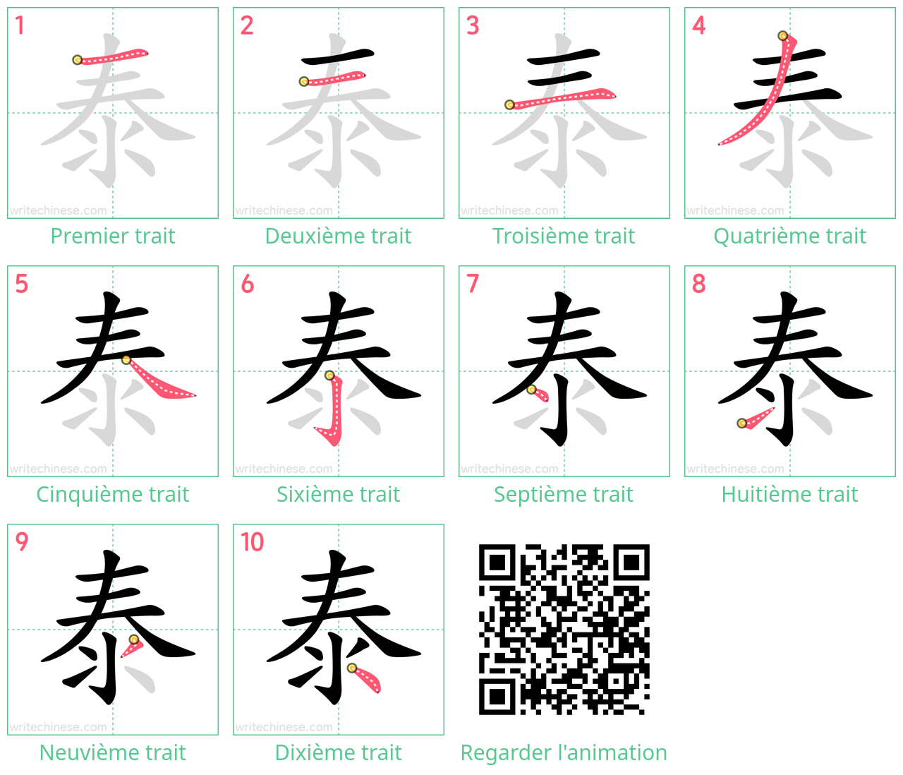 Diagrammes d'ordre des traits étape par étape pour le caractère 泰