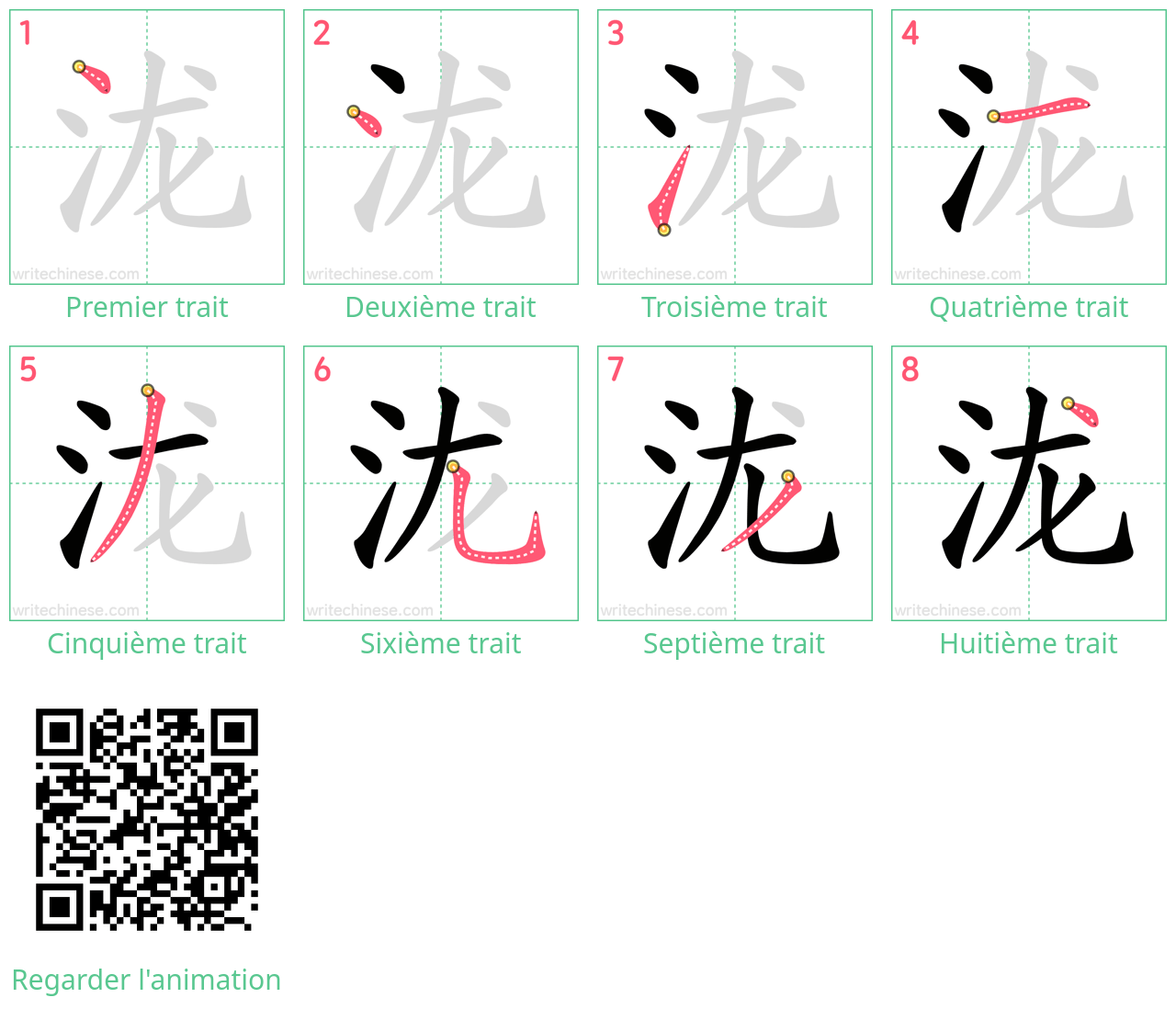 Diagrammes d'ordre des traits étape par étape pour le caractère 泷