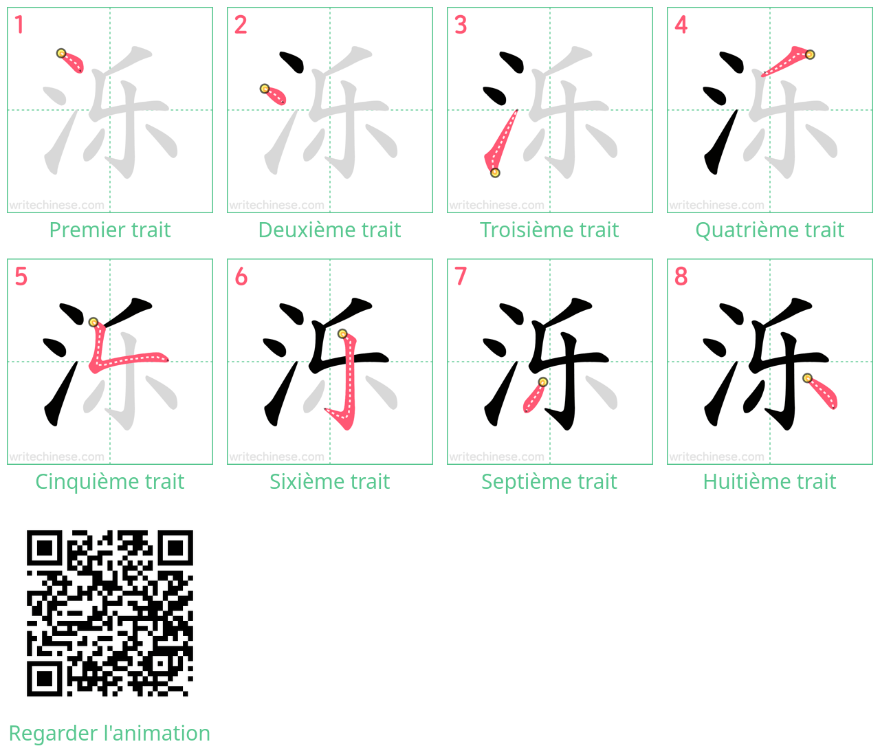 Diagrammes d'ordre des traits étape par étape pour le caractère 泺