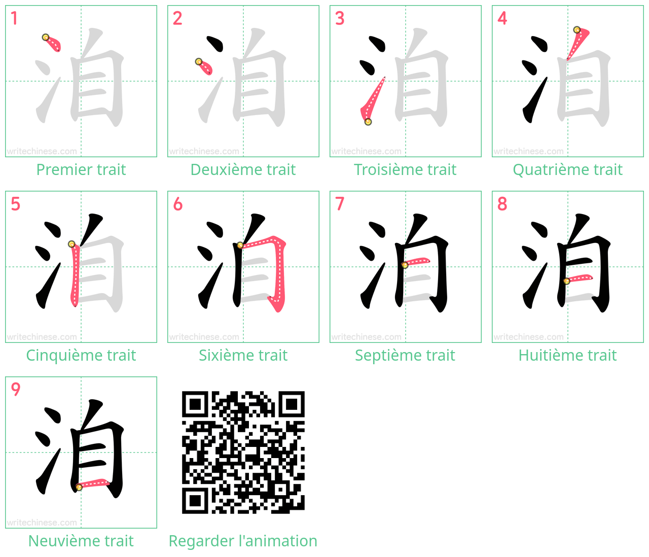 Diagrammes d'ordre des traits étape par étape pour le caractère 洎