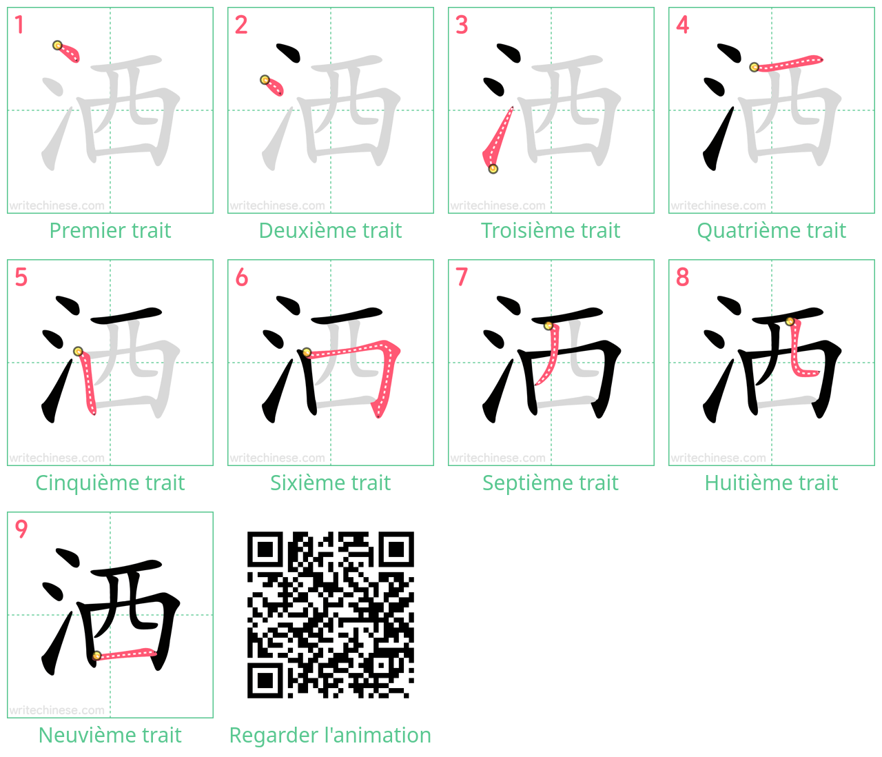 Diagrammes d'ordre des traits étape par étape pour le caractère 洒