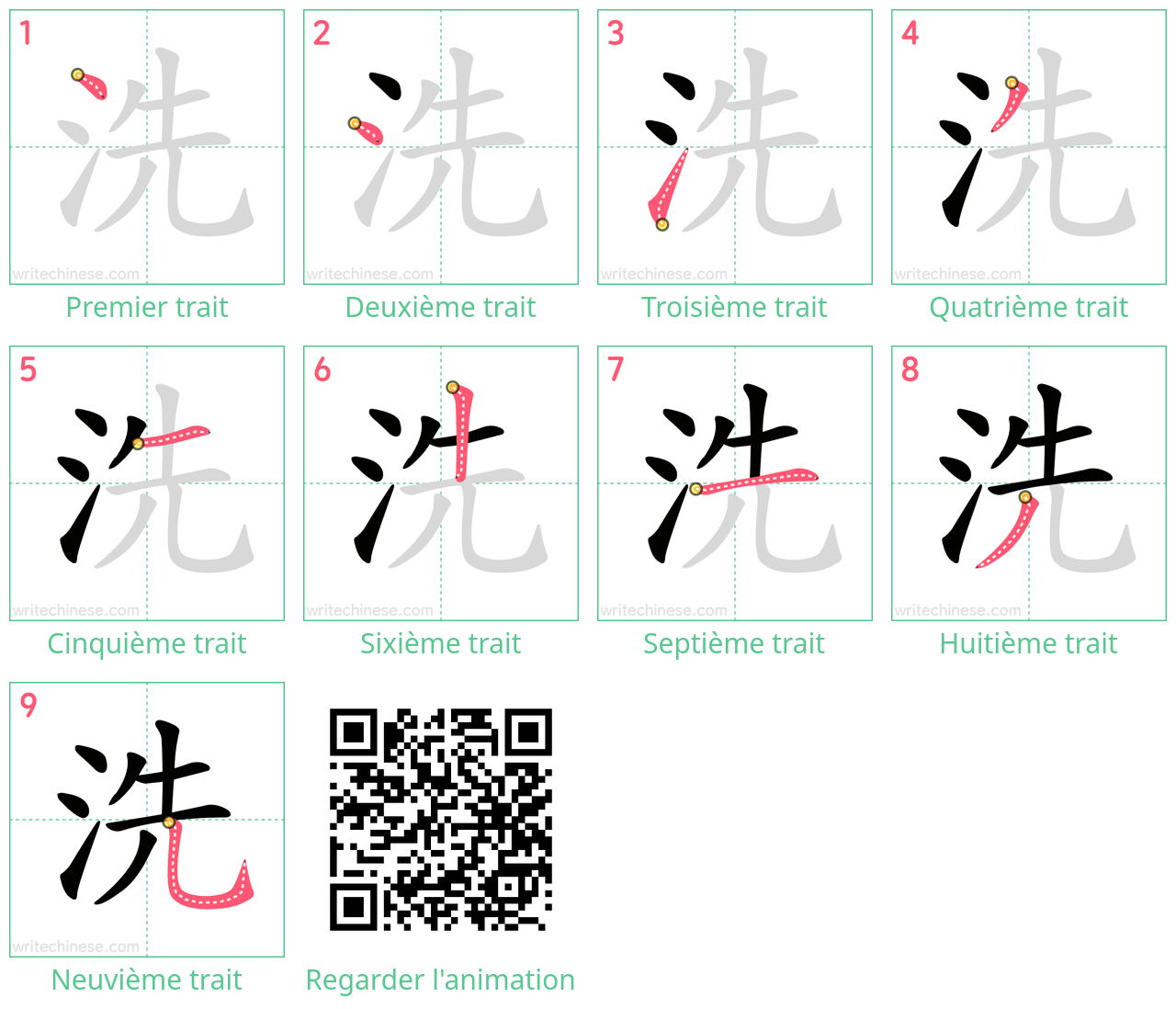 Diagrammes d'ordre des traits étape par étape pour le caractère 洗