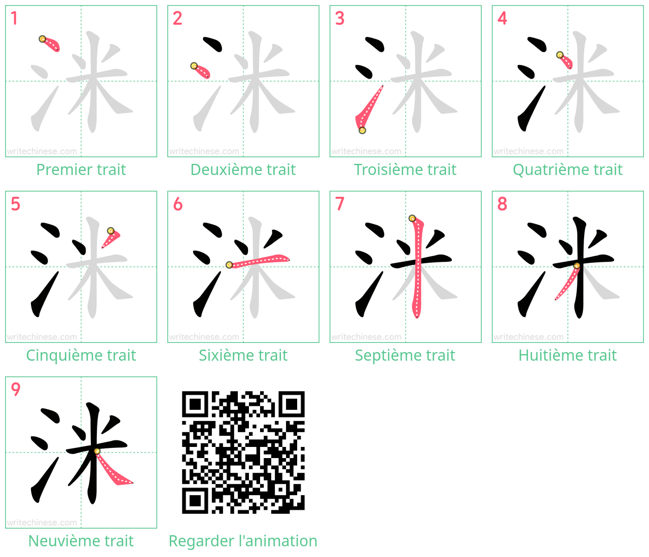 Diagrammes d'ordre des traits étape par étape pour le caractère 洣