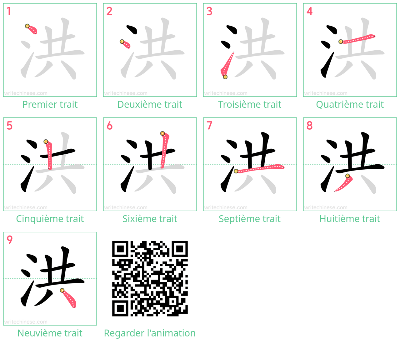 Diagrammes d'ordre des traits étape par étape pour le caractère 洪