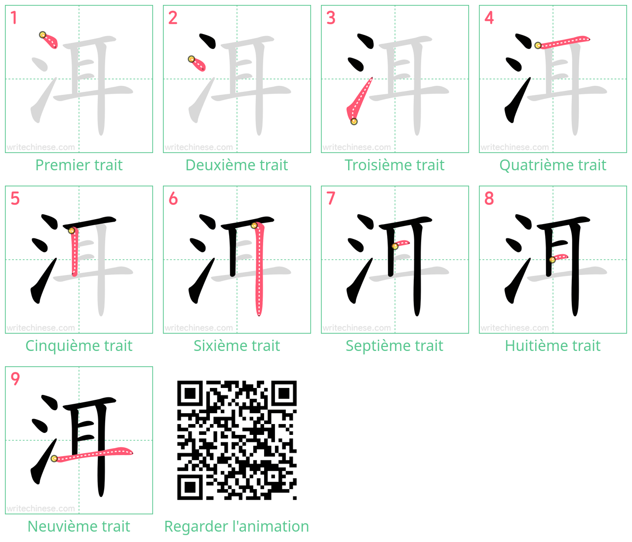 Diagrammes d'ordre des traits étape par étape pour le caractère 洱