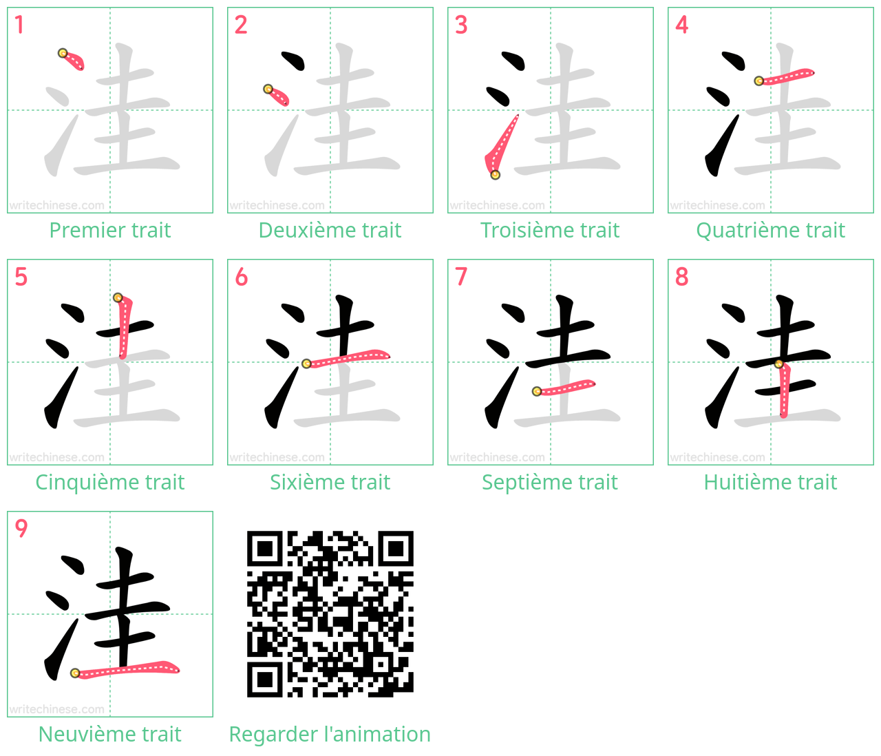 Diagrammes d'ordre des traits étape par étape pour le caractère 洼
