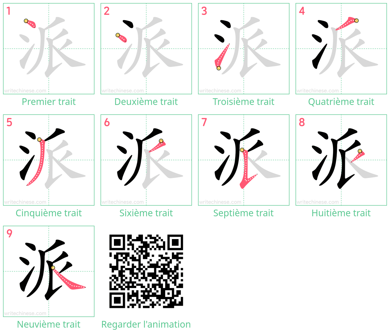 Diagrammes d'ordre des traits étape par étape pour le caractère 派