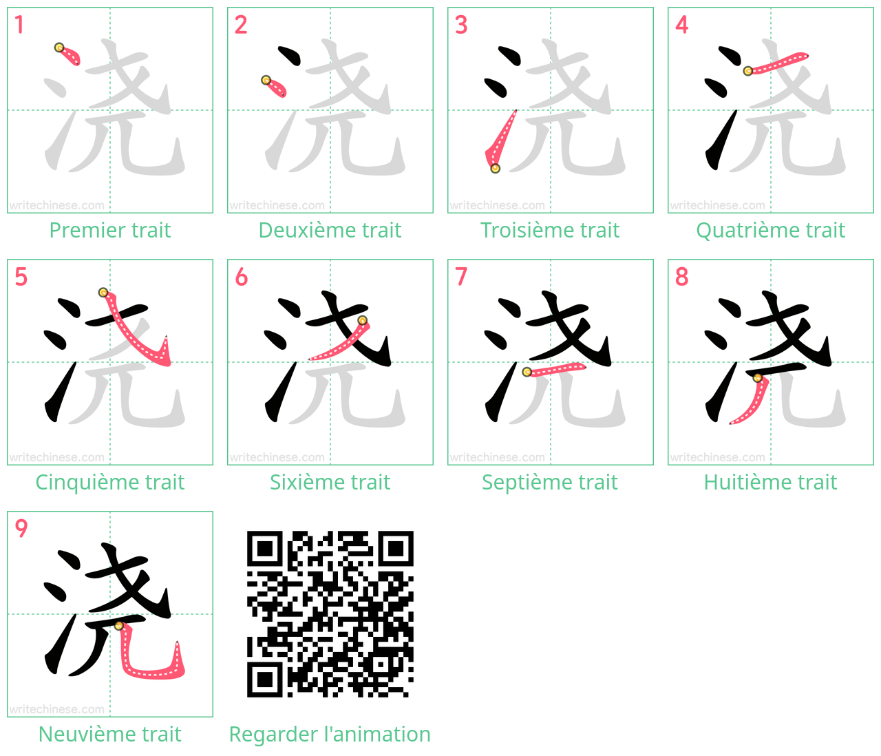 Diagrammes d'ordre des traits étape par étape pour le caractère 浇