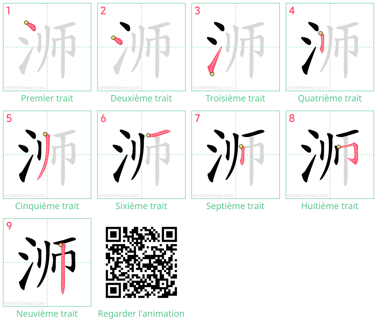 Diagrammes d'ordre des traits étape par étape pour le caractère 浉