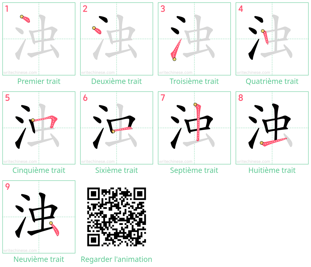 Diagrammes d'ordre des traits étape par étape pour le caractère 浊