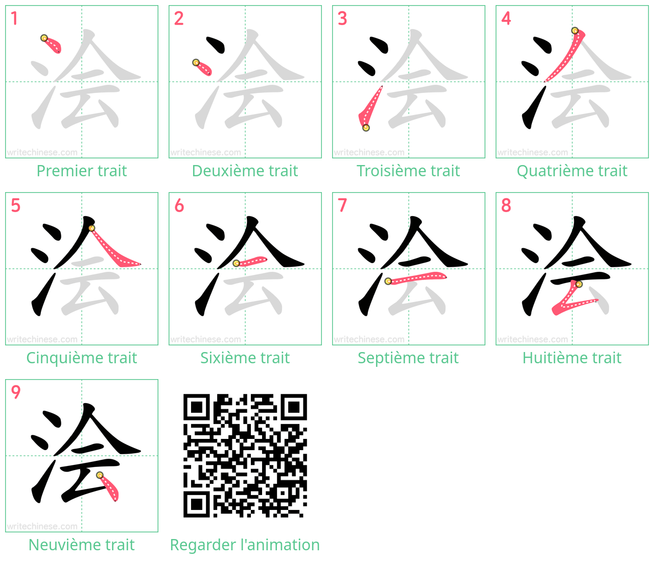 Diagrammes d'ordre des traits étape par étape pour le caractère 浍