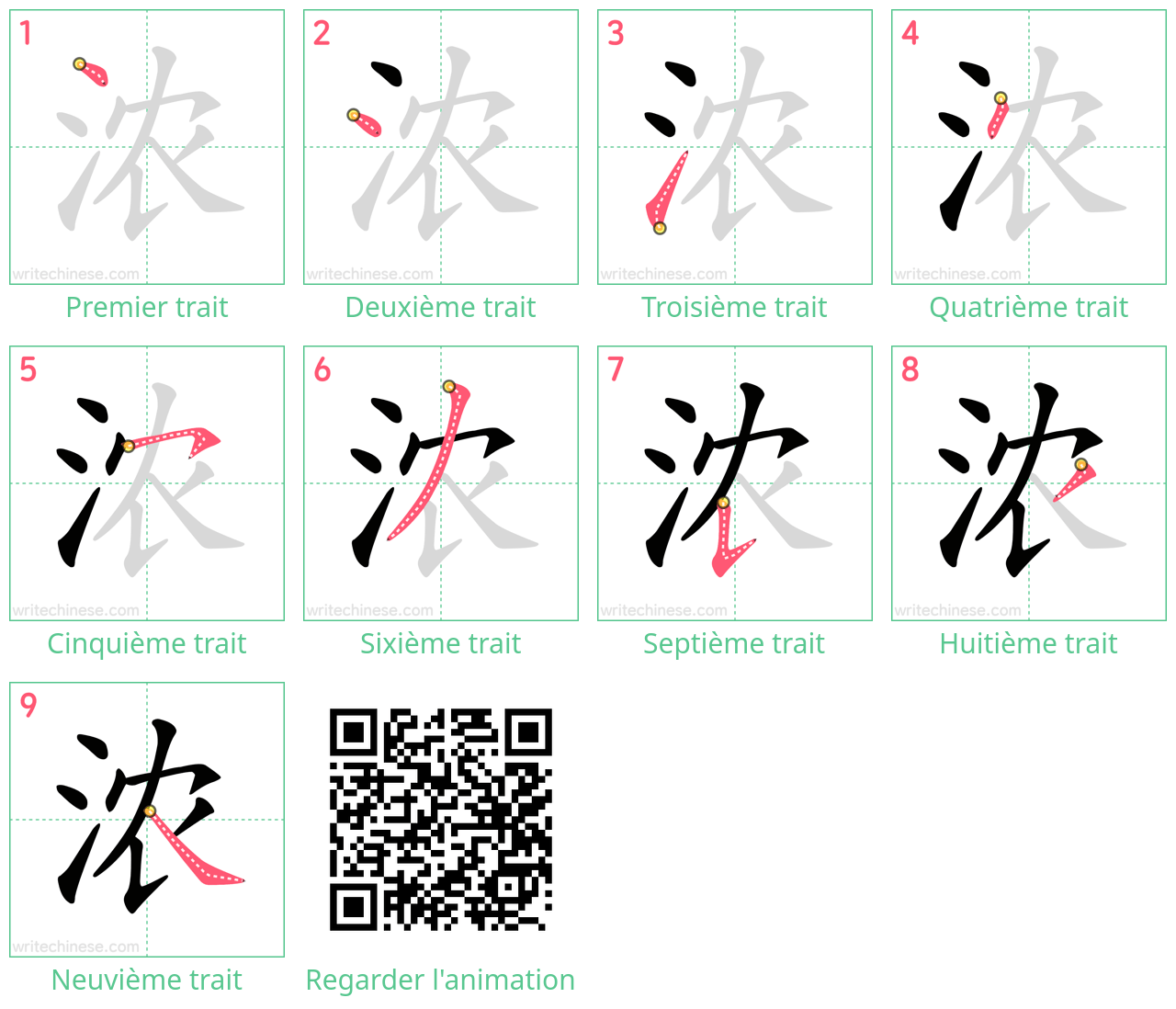 Diagrammes d'ordre des traits étape par étape pour le caractère 浓