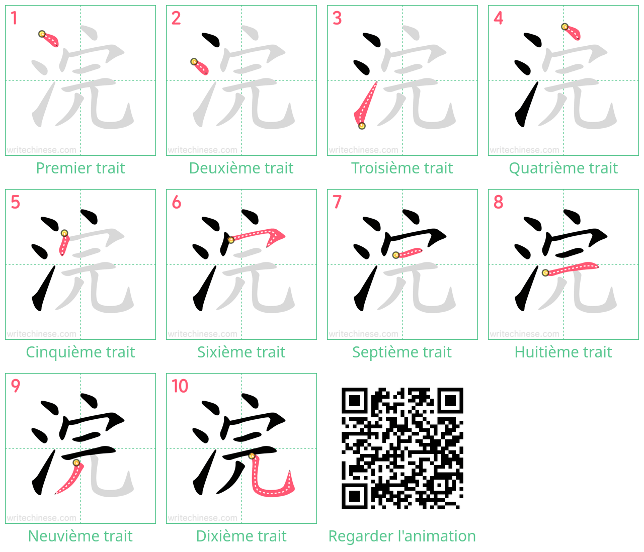 Diagrammes d'ordre des traits étape par étape pour le caractère 浣