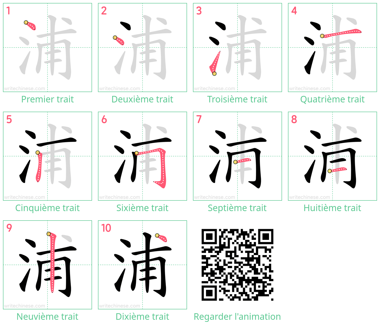 Diagrammes d'ordre des traits étape par étape pour le caractère 浦