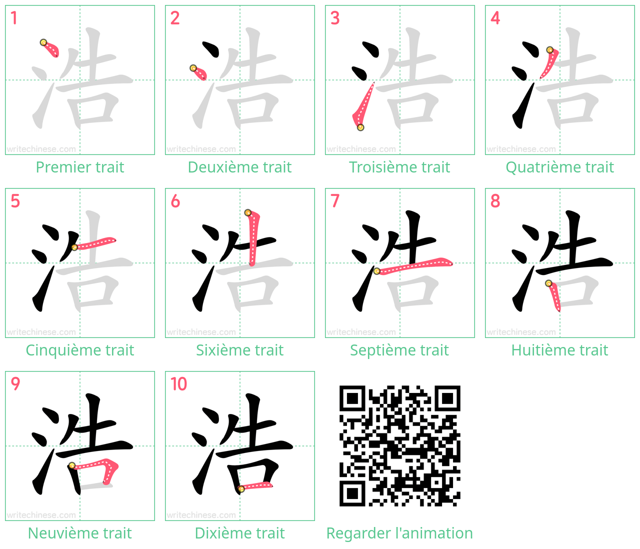 Diagrammes d'ordre des traits étape par étape pour le caractère 浩