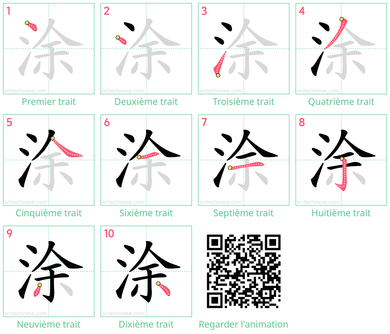 Diagrammes d'ordre des traits étape par étape pour le caractère 涂
