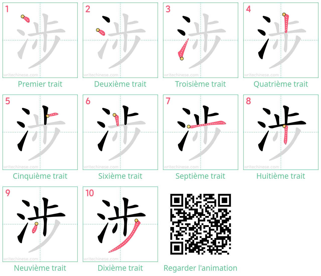 Diagrammes d'ordre des traits étape par étape pour le caractère 涉