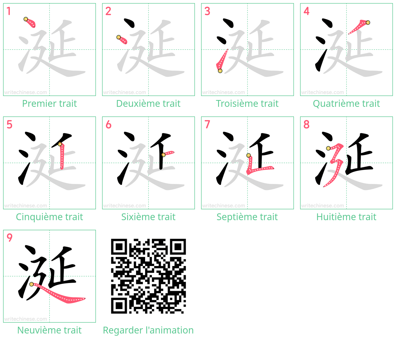 Diagrammes d'ordre des traits étape par étape pour le caractère 涎