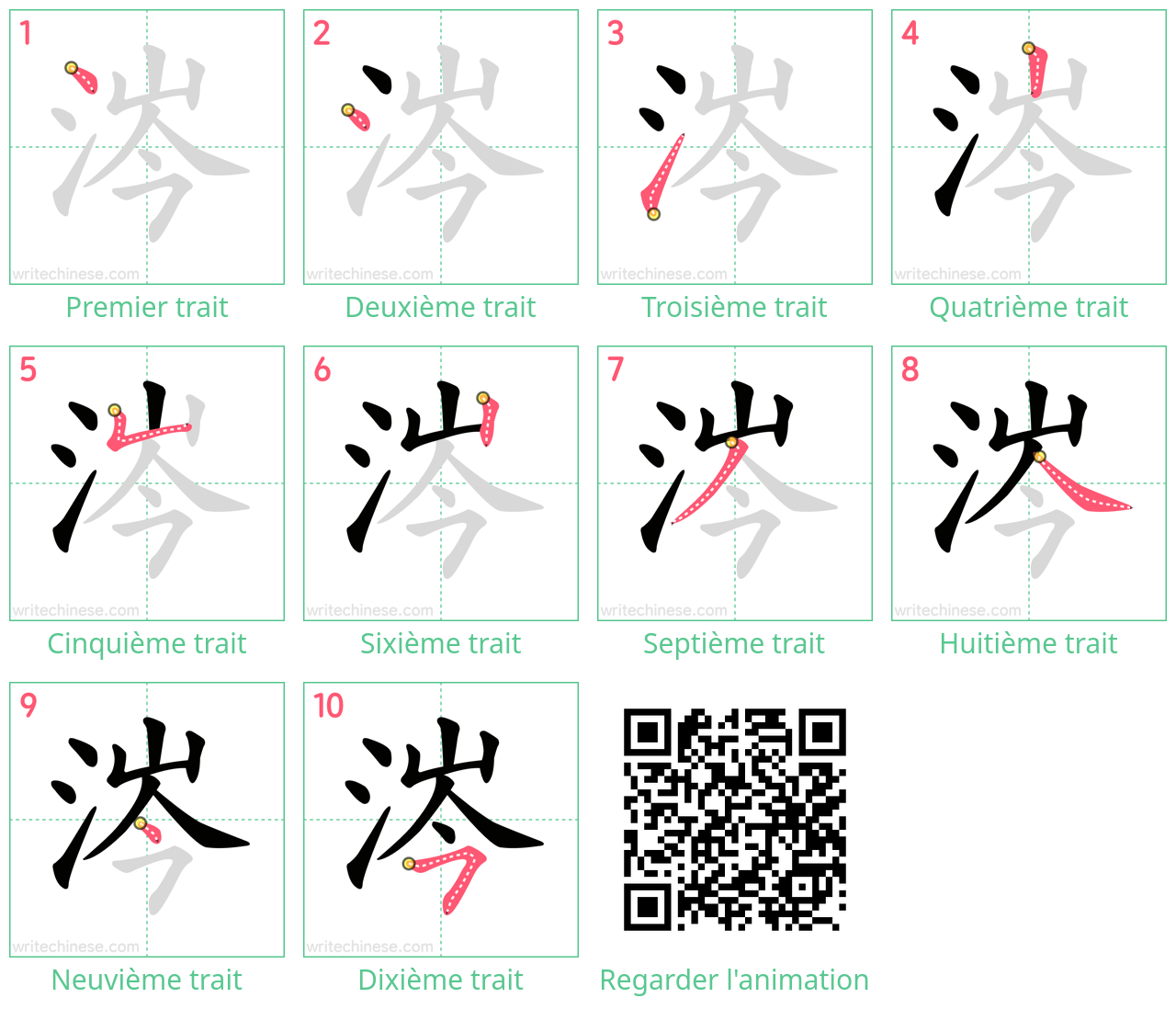 Diagrammes d'ordre des traits étape par étape pour le caractère 涔