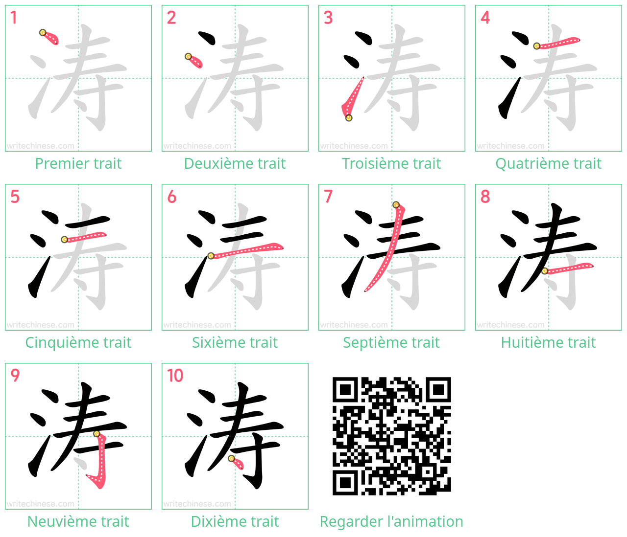 Diagrammes d'ordre des traits étape par étape pour le caractère 涛