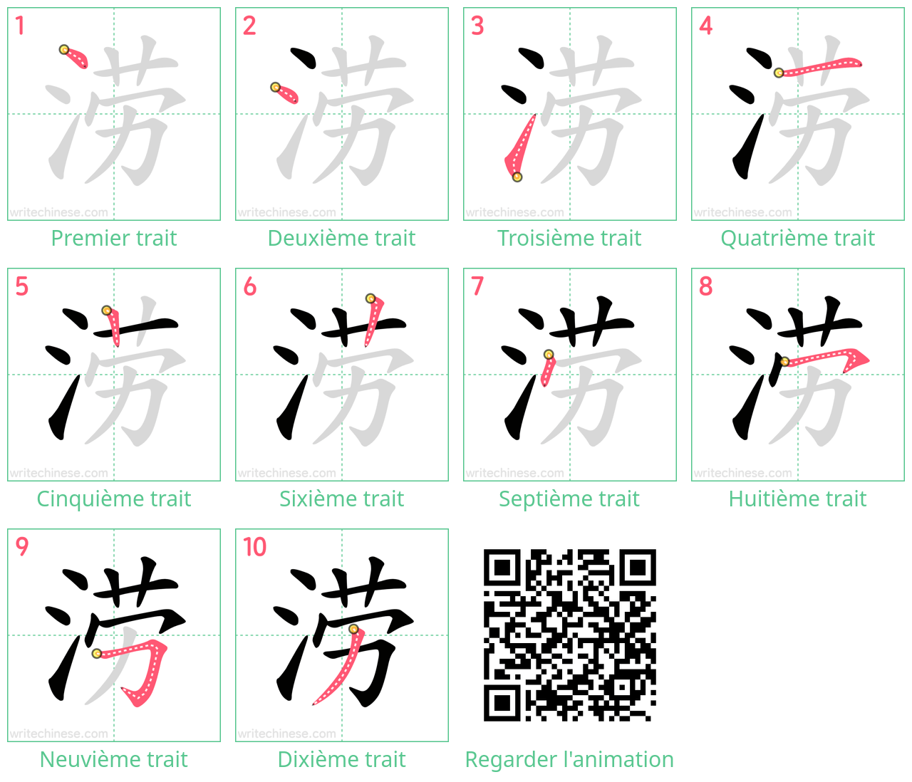 Diagrammes d'ordre des traits étape par étape pour le caractère 涝