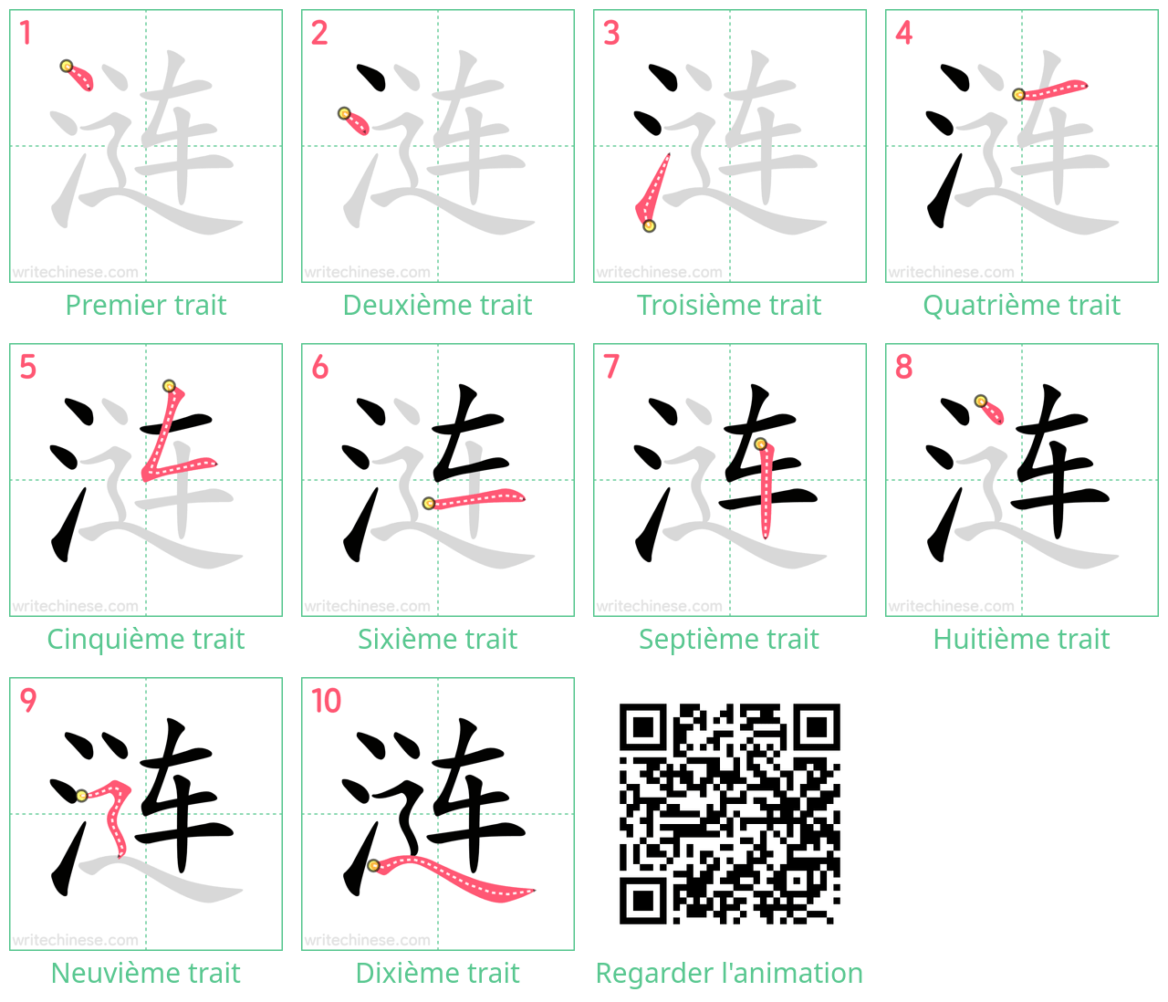 Diagrammes d'ordre des traits étape par étape pour le caractère 涟