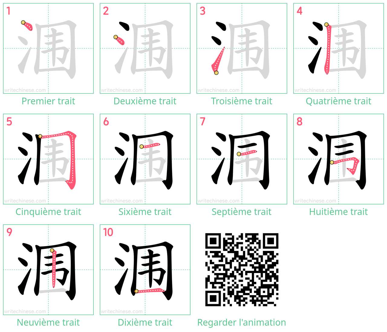 Diagrammes d'ordre des traits étape par étape pour le caractère 涠