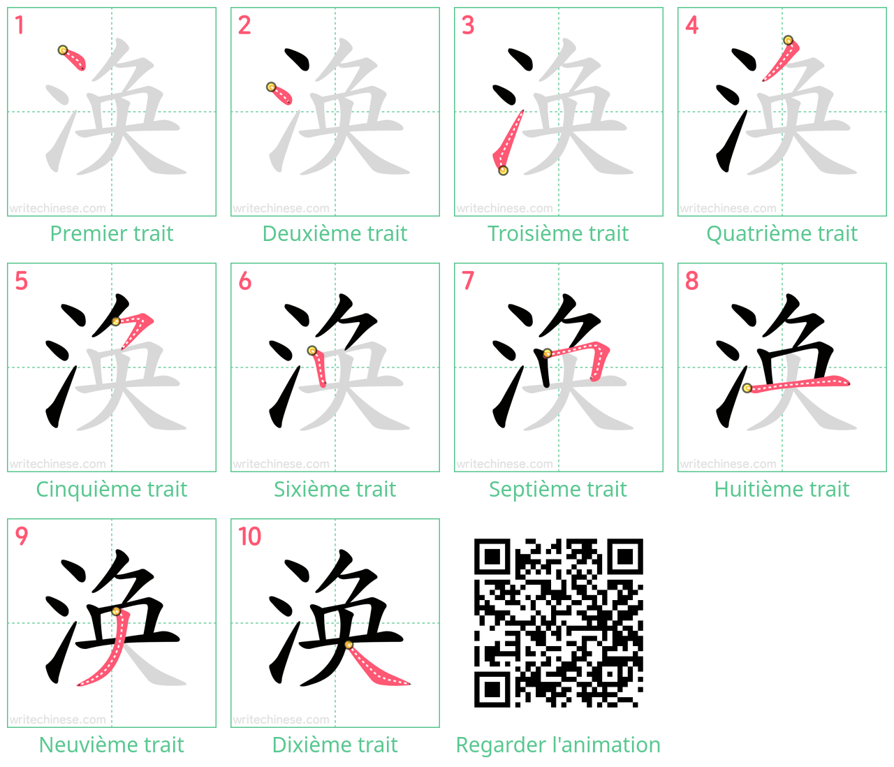 Diagrammes d'ordre des traits étape par étape pour le caractère 涣