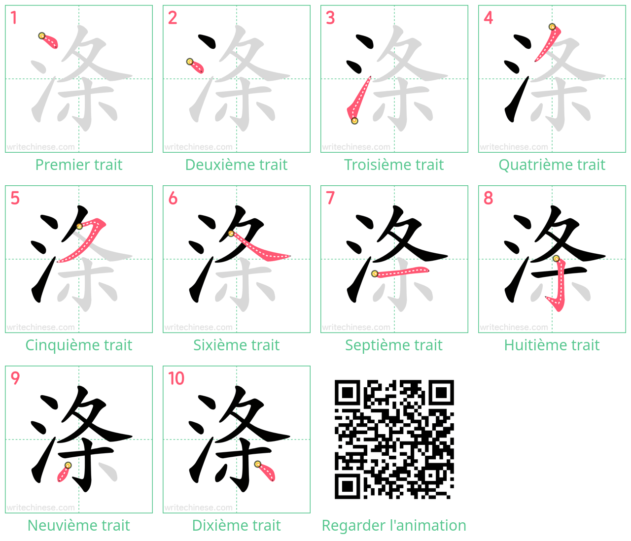 Diagrammes d'ordre des traits étape par étape pour le caractère 涤