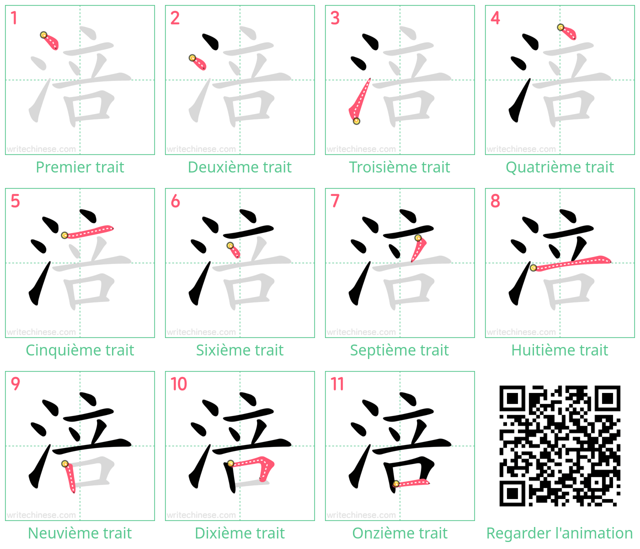 Diagrammes d'ordre des traits étape par étape pour le caractère 涪