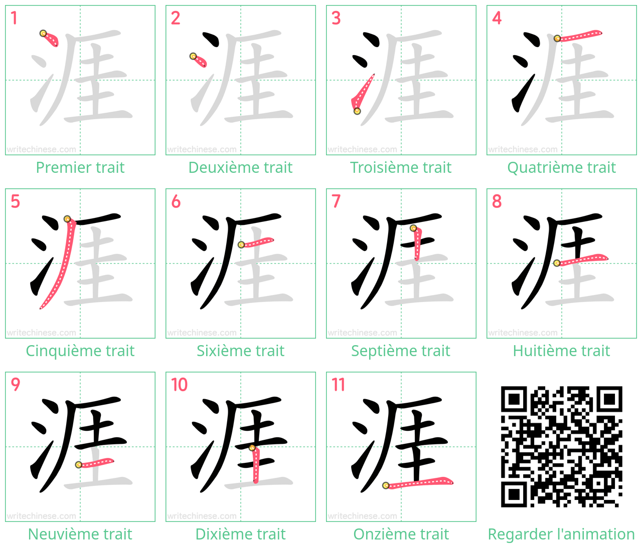 Diagrammes d'ordre des traits étape par étape pour le caractère 涯