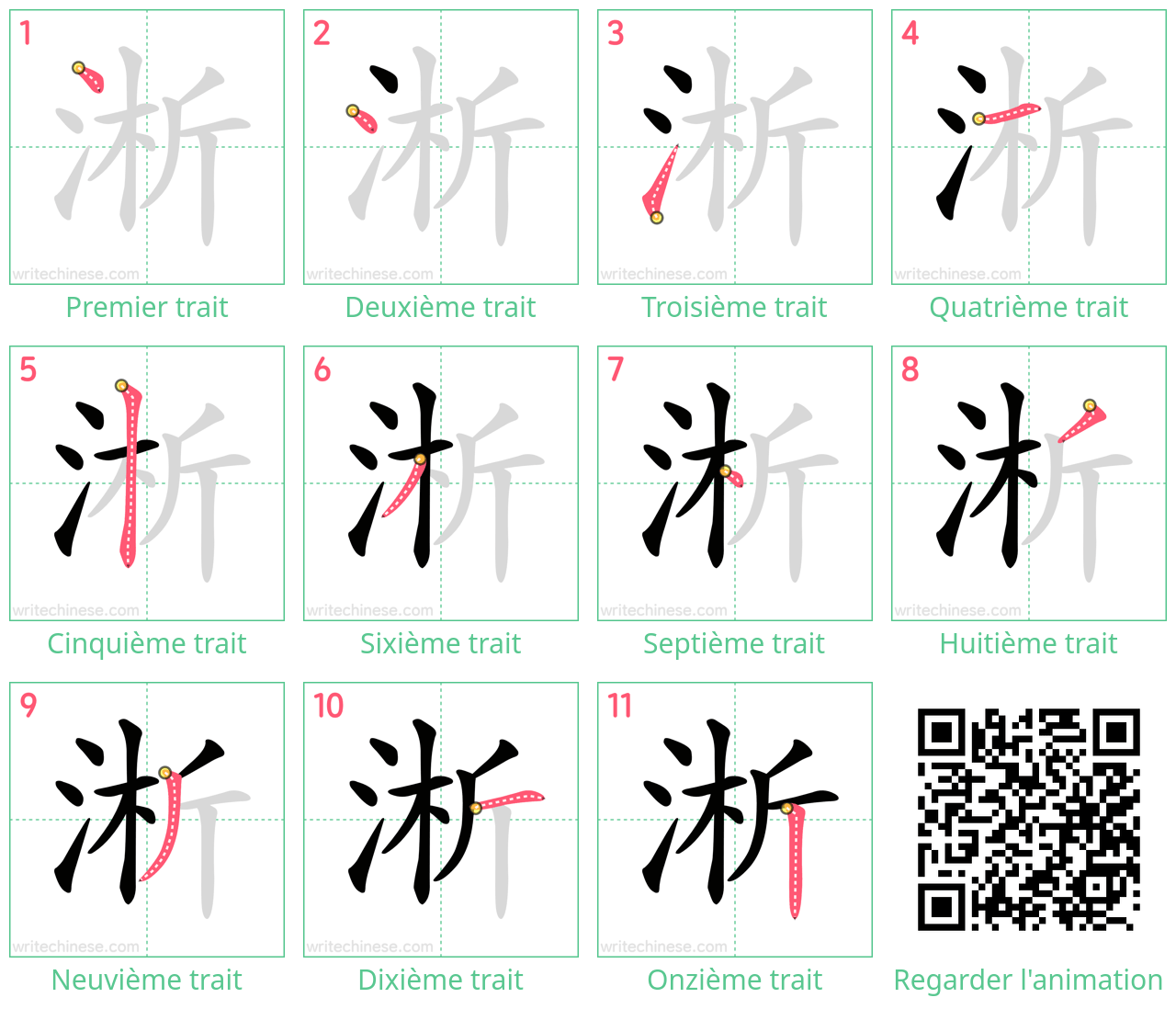 Diagrammes d'ordre des traits étape par étape pour le caractère 淅