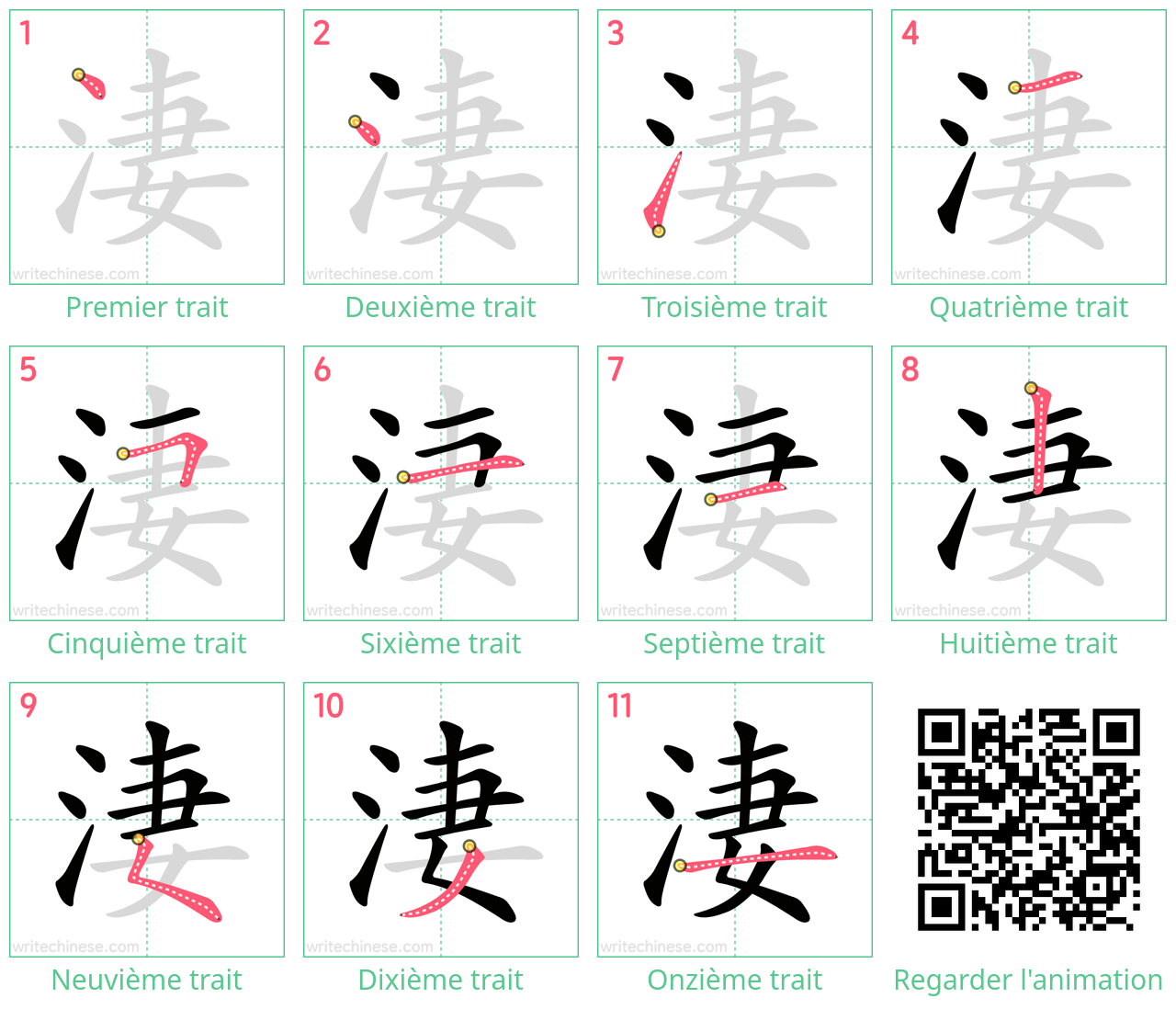 Diagrammes d'ordre des traits étape par étape pour le caractère 淒