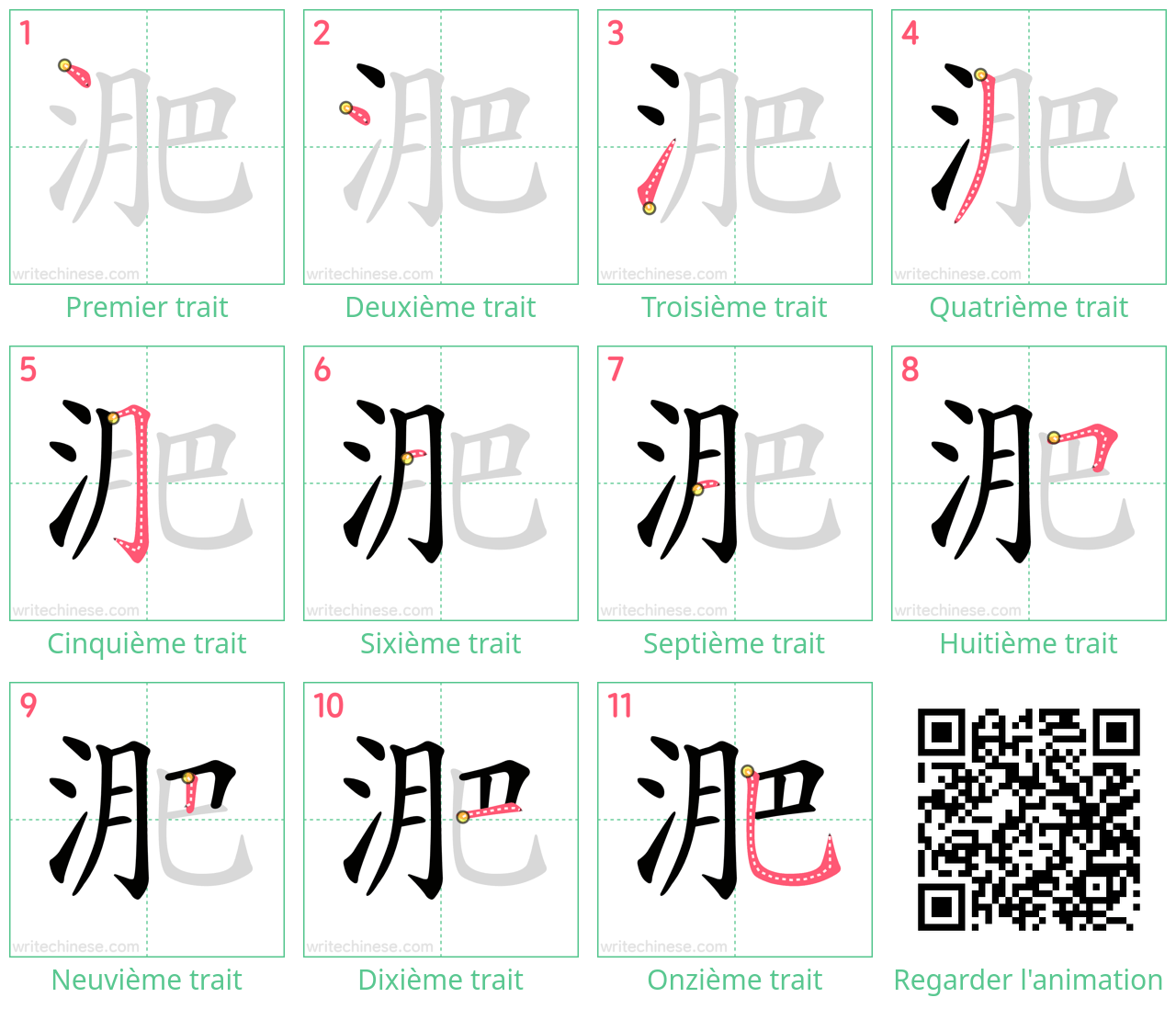 Diagrammes d'ordre des traits étape par étape pour le caractère 淝