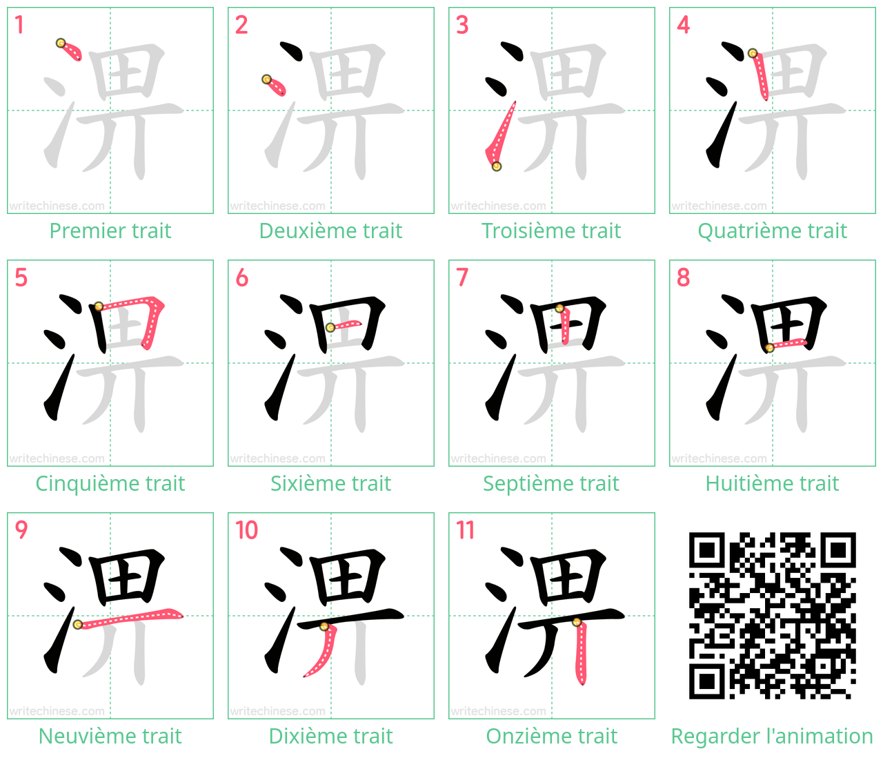 Diagrammes d'ordre des traits étape par étape pour le caractère 淠