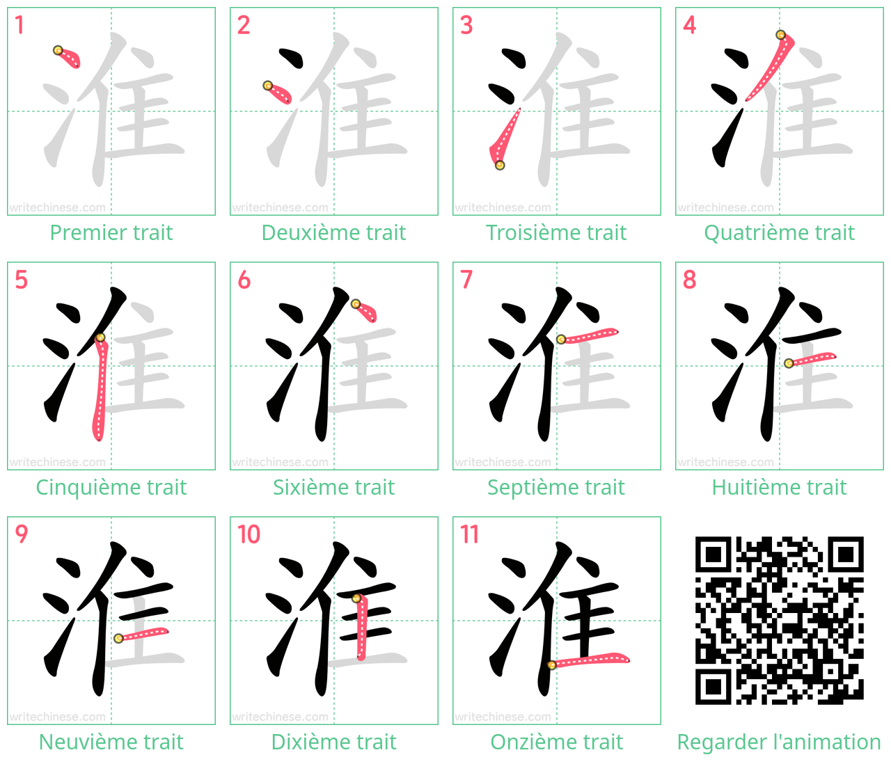 Diagrammes d'ordre des traits étape par étape pour le caractère 淮