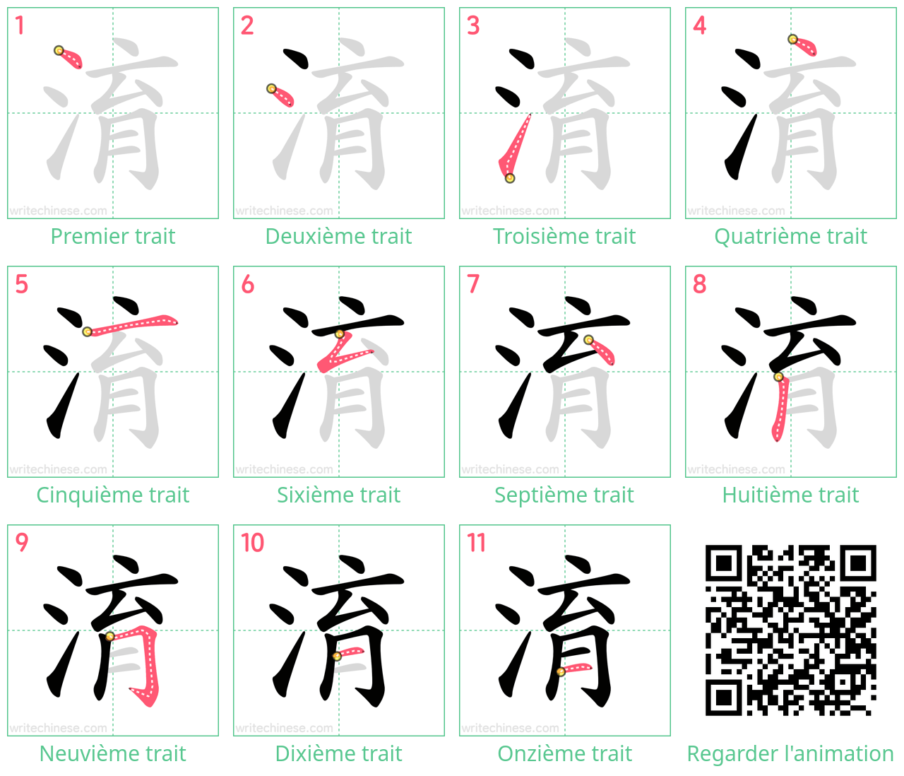 Diagrammes d'ordre des traits étape par étape pour le caractère 淯